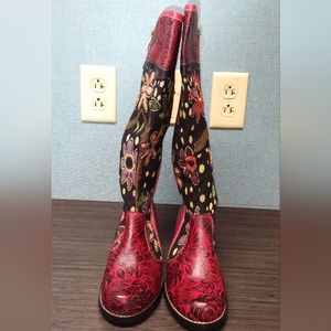 Boho Woman's Flower Splicing Leather Knee High Block Heel Boots 38 (7)
